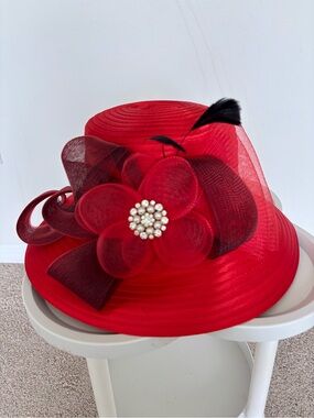 Elegant Red Wide Brim Hat | Church Derby Wedding Hat w/ Flower & Rhinestones